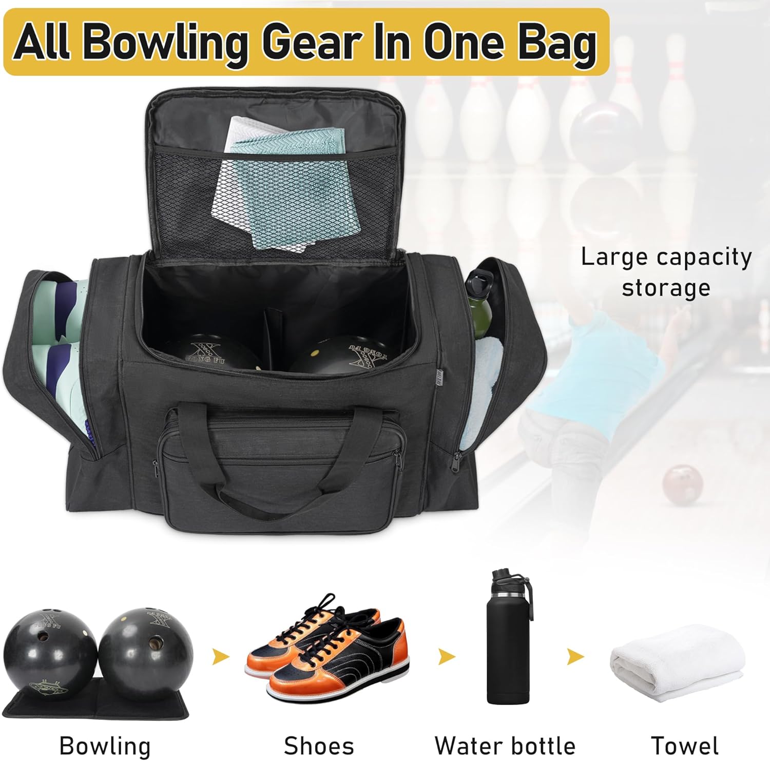 Large Black Bowling Bag for Balls, Accessories, and Shoes - Fits Mens Size 14 - WELIDAY