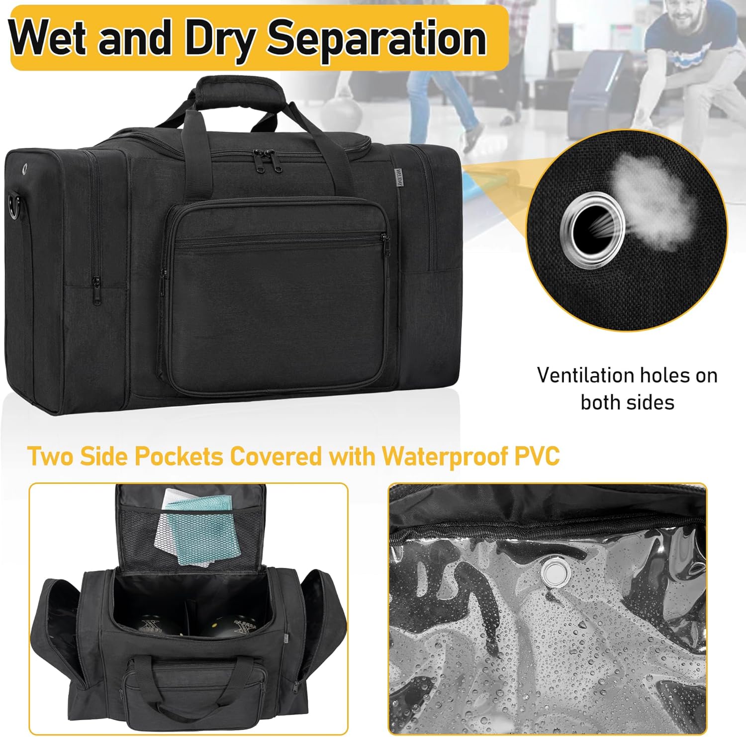 Large Black Bowling Bag for Balls, Accessories, and Shoes - Fits Mens Size 14 - WELIDAY