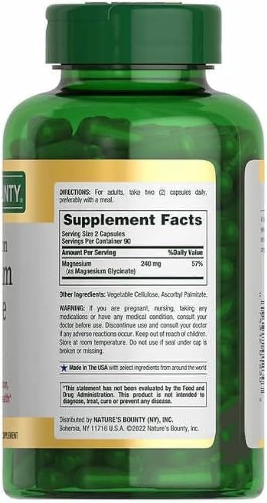 Large Bottle of Natures Bounty Magnesium Glycinate Capsules - 180 Count, 240 mg