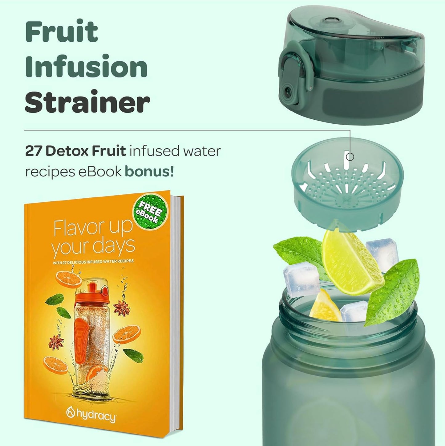 Large BPA-Free Hydracy Water Bottle with Time Marker and Fruit Infuser Strainer - Leak Proof Gym Bottle for Fitness and Outdoors