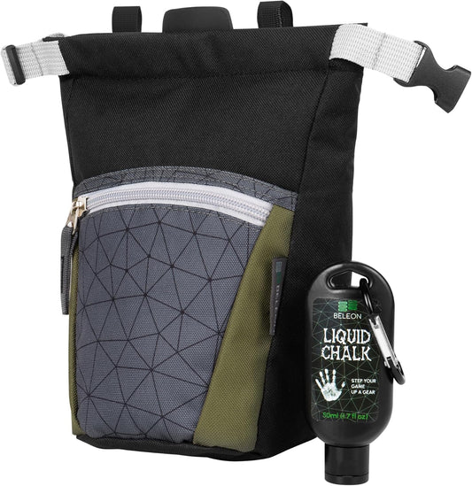 Large Chalk Bag for Rock Climbing with Liquid Chalk, Carabiner, Magnetic Closure, Zipper Pocket, Brush Holders - BELEON