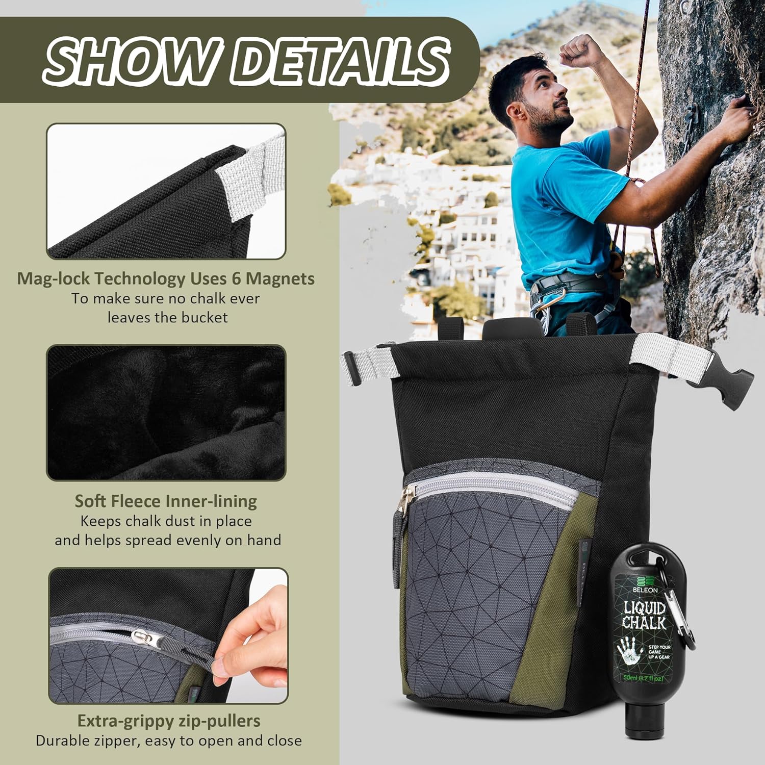 Large Chalk Bag for Rock Climbing with Liquid Chalk, Carabiner, Magnetic Closure, Zipper Pocket, Brush Holders - BELEON