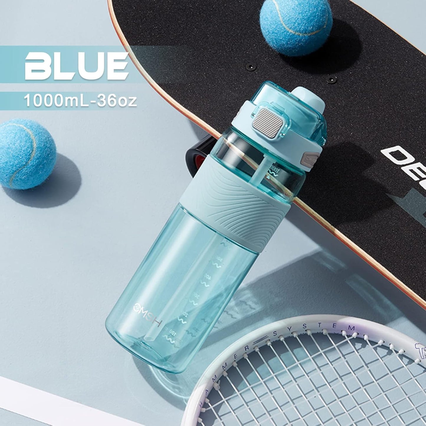 Large Diameter Flip Top Sport Water Bottle with Straw - 32oz Blue Anti-Scalding One-Click Open for Sports Fitness Leisure