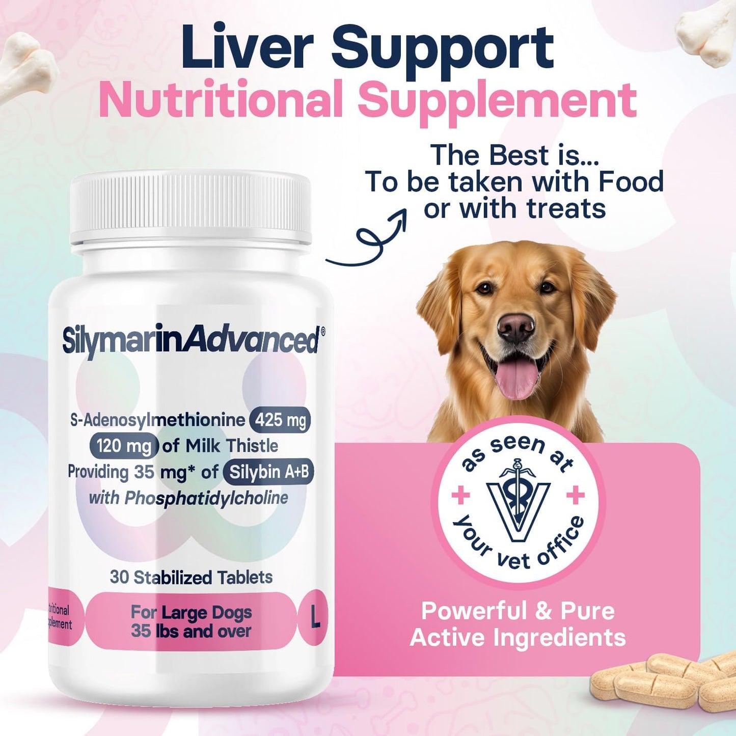 Large Dog Liver Health Supplement with Silymarin, S-Adenosylmethionine, and Silybin - 30 Tablets