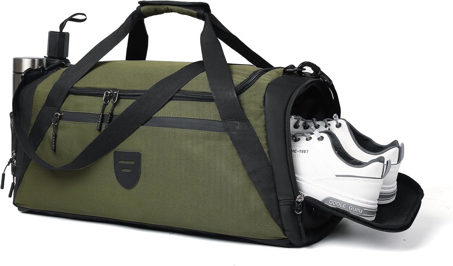 Large Water Resistant Gym Duffle Bag with Shoe Compartment for Men and Women - Weekend Overnight Travel Bag with Wet Pocket - Green Sports Gymbag