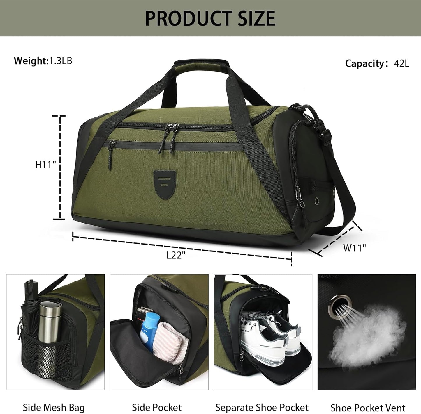 Large Water Resistant Gym Duffle Bag with Shoe Compartment for Men and Women - Weekend Overnight Travel Bag with Wet Pocket - Green Sports Gymbag
