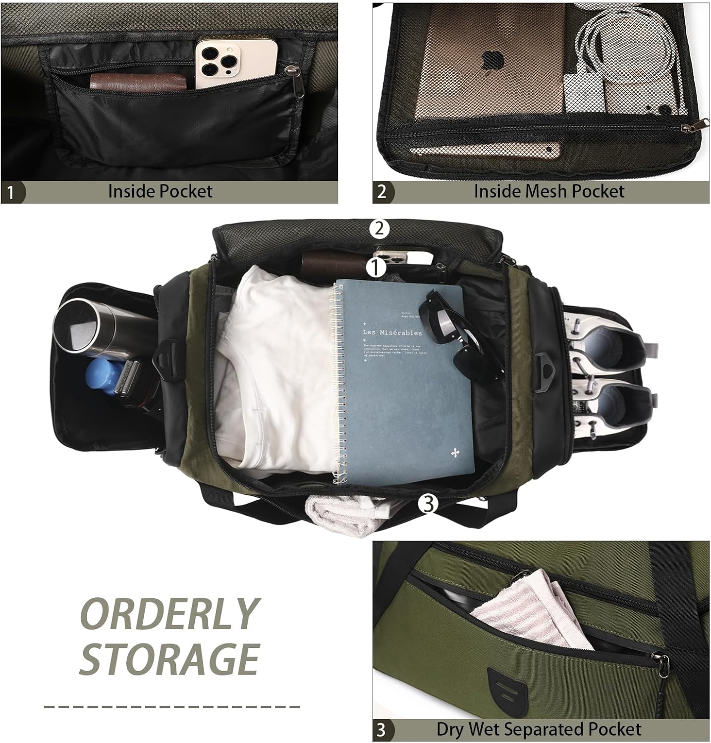 Large Water Resistant Gym Duffle Bag with Shoe Compartment for Men and Women - Weekend Overnight Travel Bag with Wet Pocket - Green Sports Gymbag