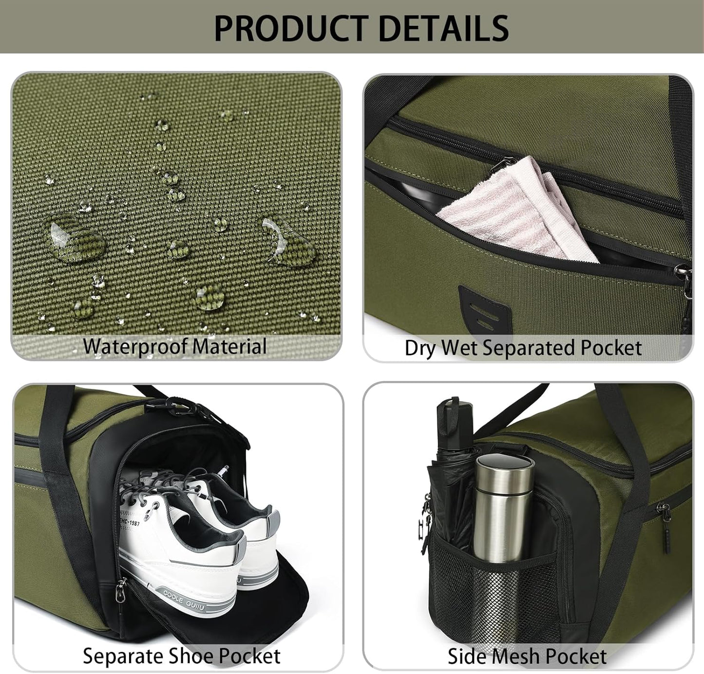 Large Water Resistant Gym Duffle Bag with Shoe Compartment for Men and Women - Weekend Overnight Travel Bag with Wet Pocket - Green Sports Gymbag