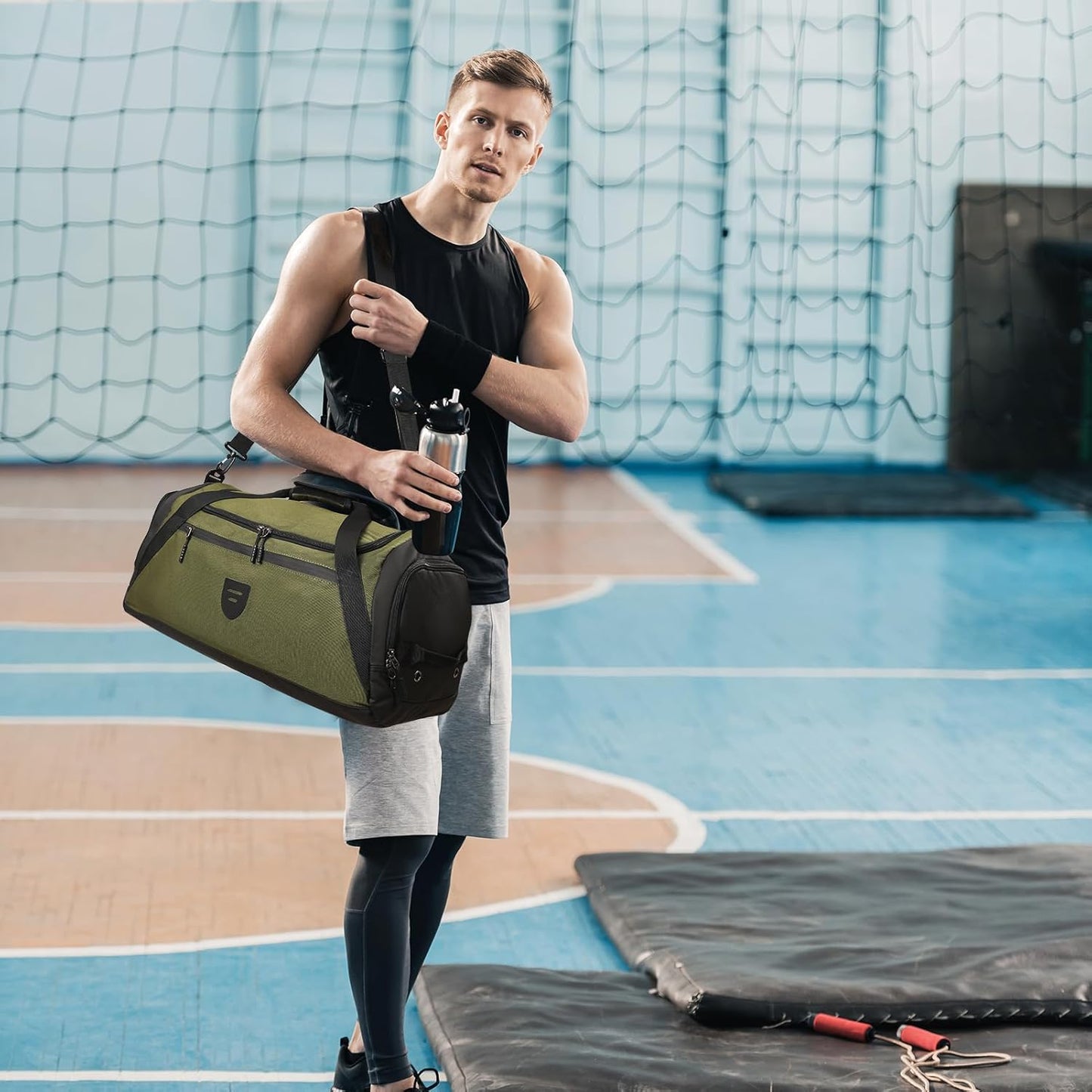 Large Water Resistant Gym Duffle Bag with Shoe Compartment for Men and Women - Weekend Overnight Travel Bag with Wet Pocket - Green Sports Gymbag