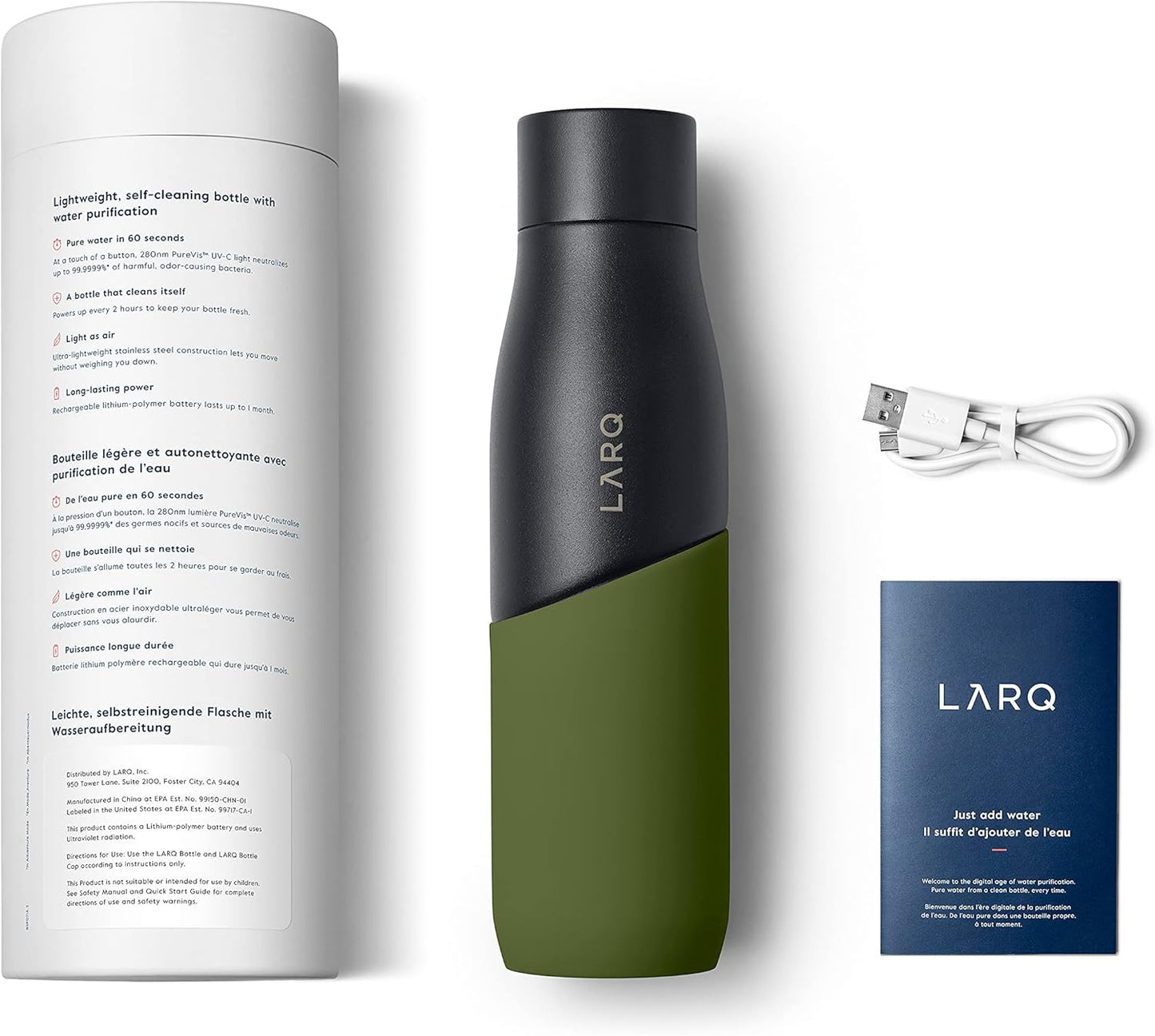 LARQ Bottle Movement PureVis 24 oz - Lightweight Stainless Steel Water Bottle with UV Purifier, Reusable & Travel-Friendly