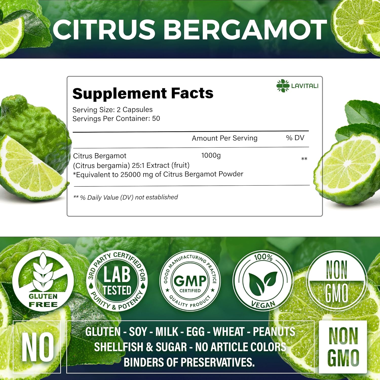 LaVitali Citrus Bergamot Extract Capsules - 100 Veggie Caps, 1000mg, Non-GMO, Gluten-Free, Vegetarian