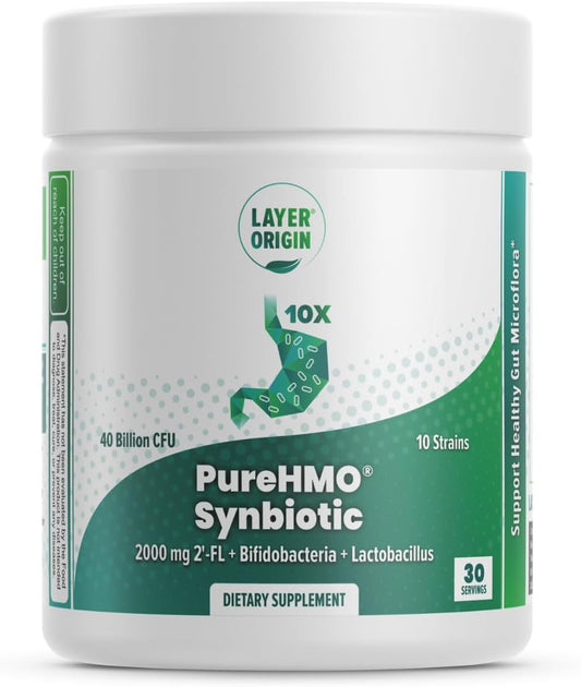 Layer Origin PureHMO Synbiotic Powder: 2000mg HMO Prebiotic + Probiotic, 10 Strains, 40 Billion CFU
