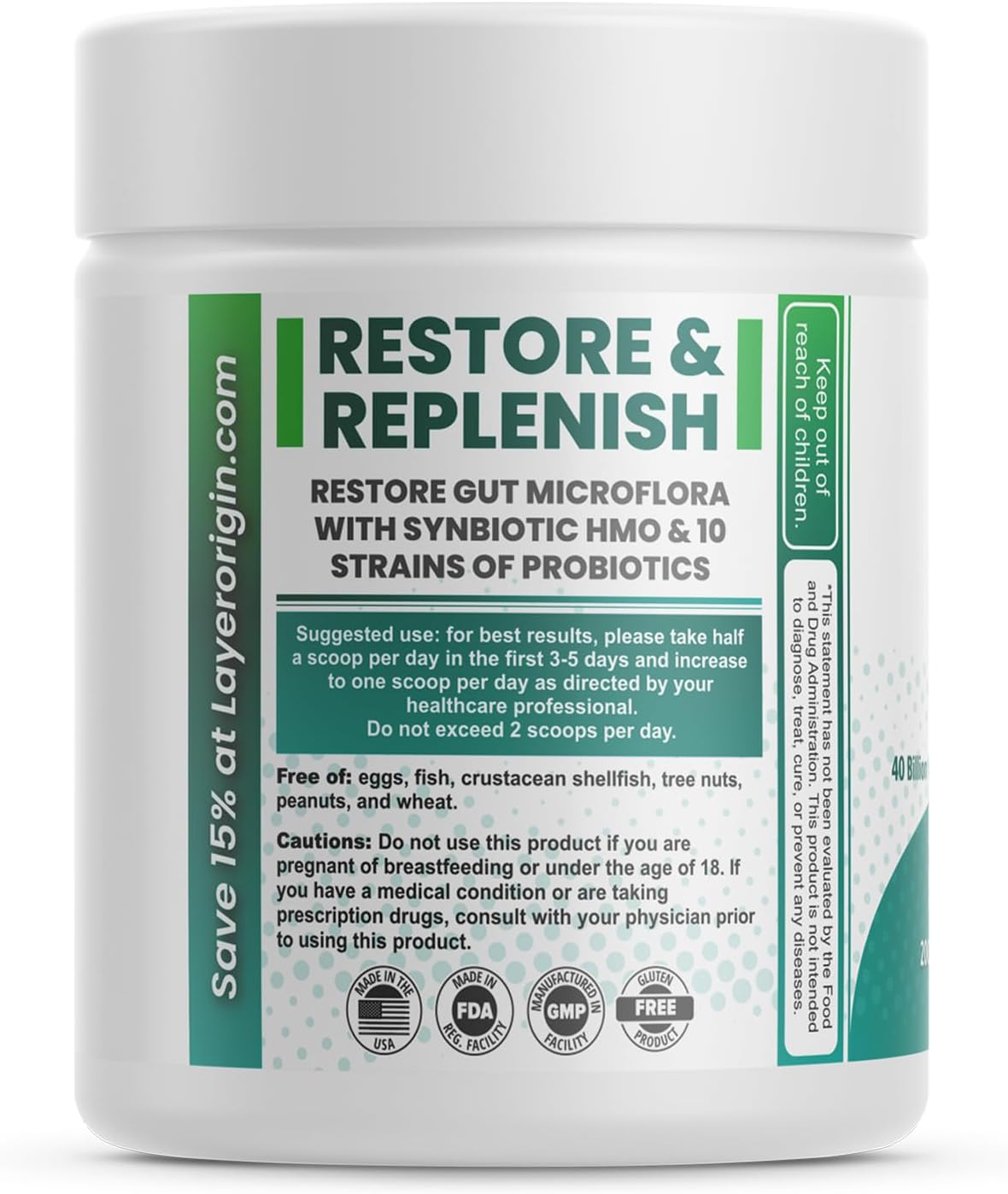 Layer Origin PureHMO Synbiotic Powder: 2000mg HMO Prebiotic + Probiotic, 10 Strains, 40 Billion CFU