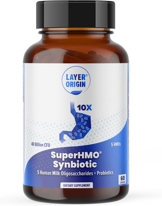 Layer Origin SuperHMO Capsules: Synbiotic Blend with 5 HMO Prebiotics & 40 Billion CFU Probiotics, 60 Count