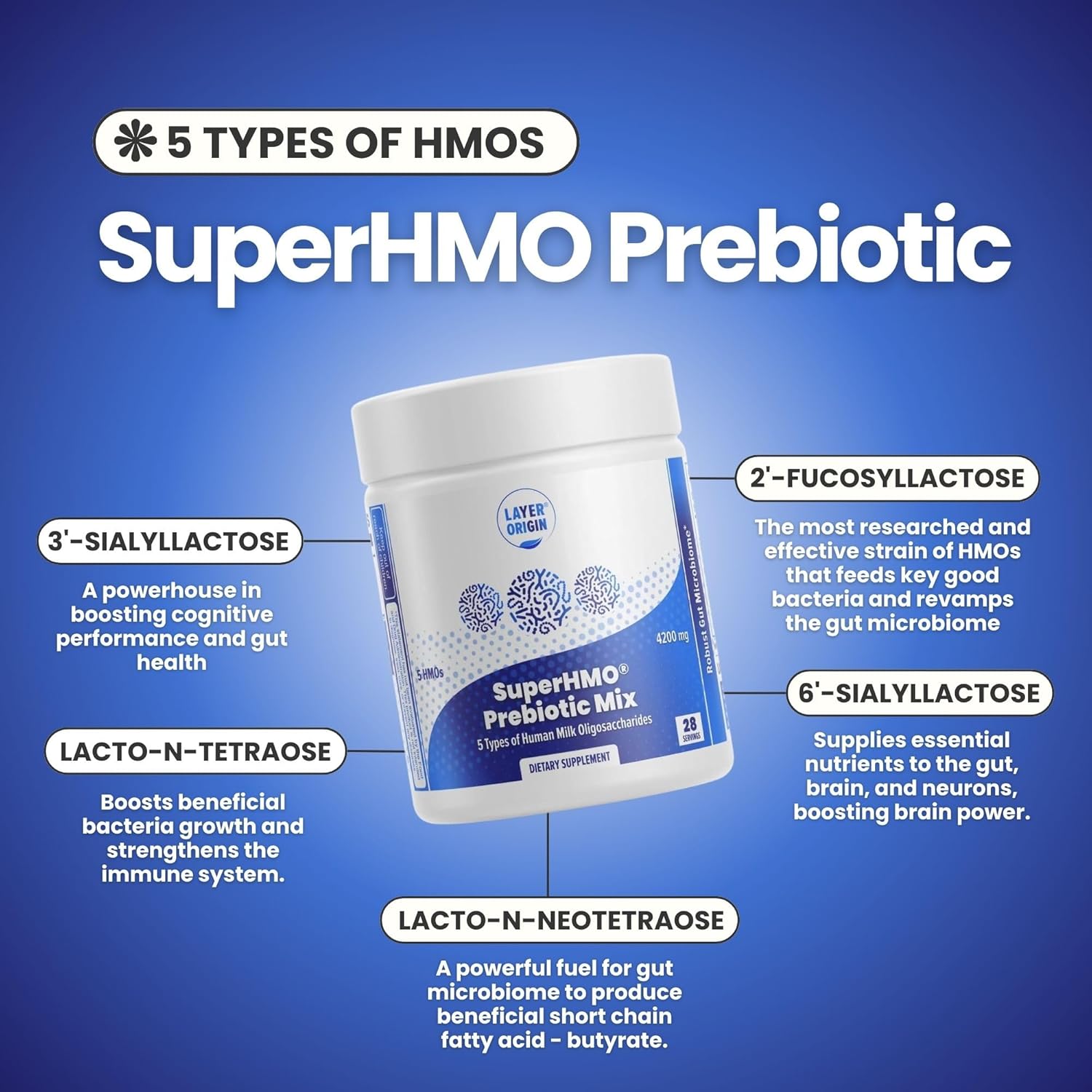 Layer Origin SuperHMO Prebiotic Mix: 5 HMOs for Gut, Digestion, Brain Health - Powder, 28 Servings
