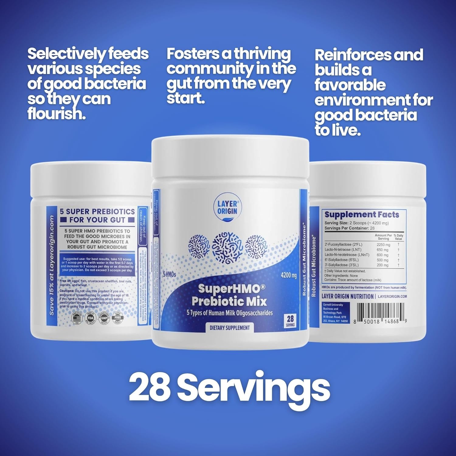 Layer Origin SuperHMO Prebiotic Mix: 5 HMOs for Gut, Digestion, Brain Health - Powder, 28 Servings