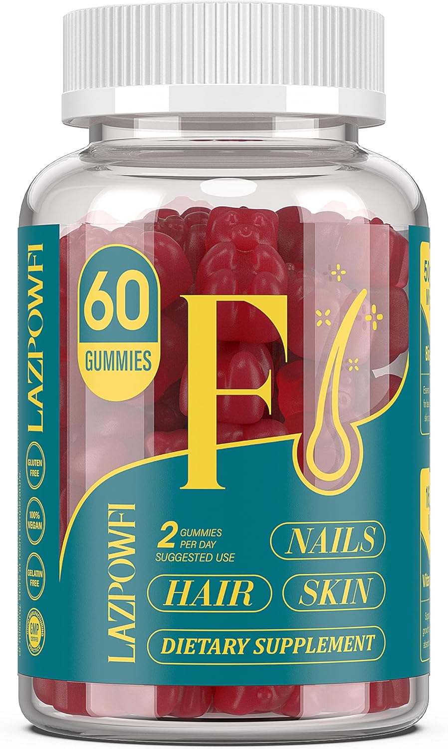 Lazpowfi Biotin Gummies | Hair Vitamins 10,000mcg | Stronger Nails | Men & Women | Cranberry Flavor | 60 Count