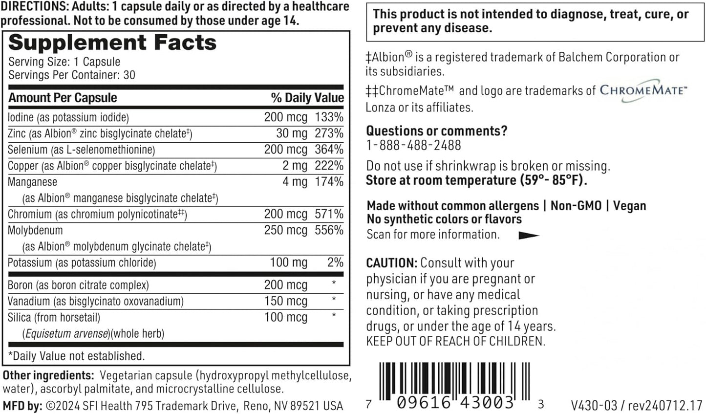 LDA Trace Mineral Complex by Klaire Labs - Hypoallergenic & Iron-Free Formula with 11 Essential Trace Elements - 30 Vegetarian Capsules