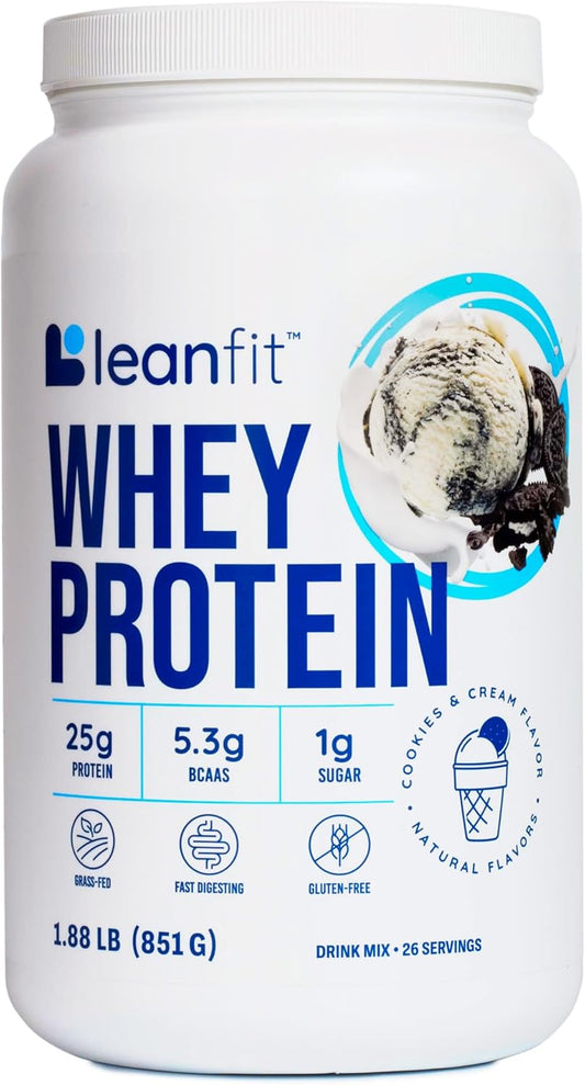 LeanFit Whey Protein Powder Cookies & Cream Flavor - Grass-Fed, Gluten-Free, 25g Protein Per Serving, BCAAs, Amino Acids - 1.88 lb Tub, 26 Servings