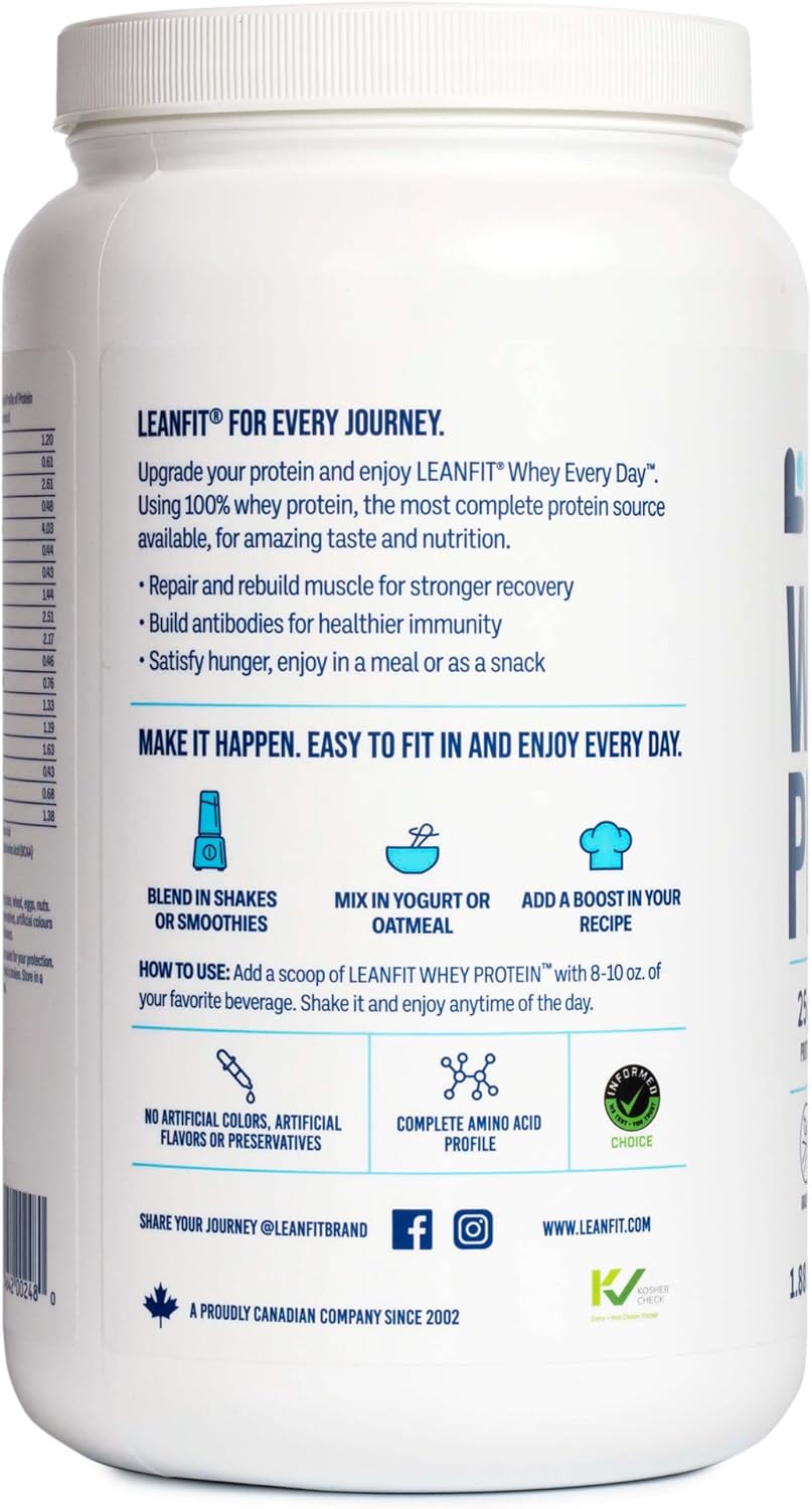 LeanFit Whey Protein Powder Cookies & Cream Flavor - Grass-Fed, Gluten-Free, 25g Protein Per Serving, BCAAs, Amino Acids - 1.88 lb Tub, 26 Servings