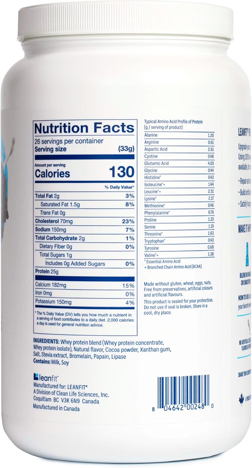 LeanFit Whey Protein Powder Cookies & Cream Flavor - Grass-Fed, Gluten-Free, 25g Protein Per Serving, BCAAs, Amino Acids - 1.88 lb Tub, 26 Servings