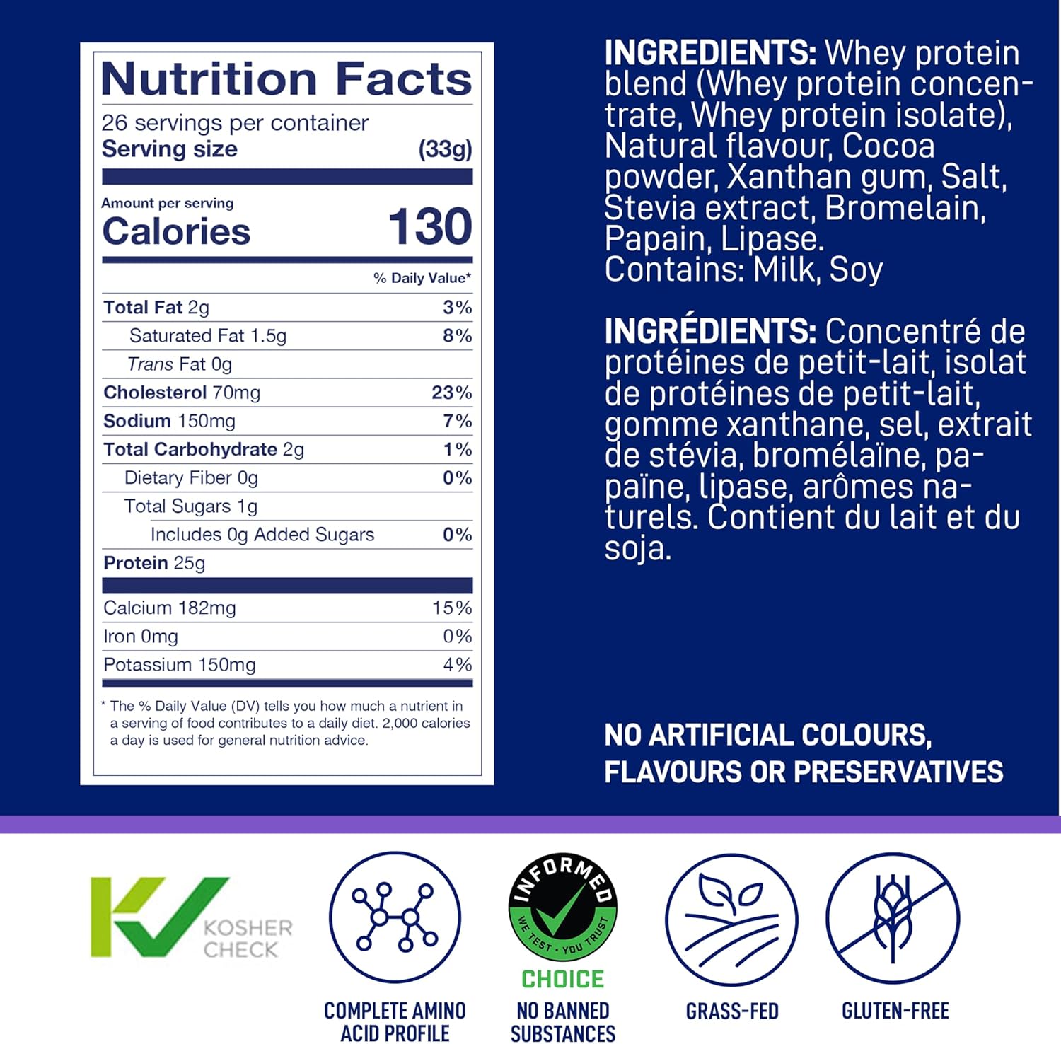 LeanFit Whey Protein Powder Cookies & Cream Flavor - Grass-Fed, Gluten-Free, 25g Protein Per Serving, BCAAs, Amino Acids - 1.88 lb Tub, 26 Servings