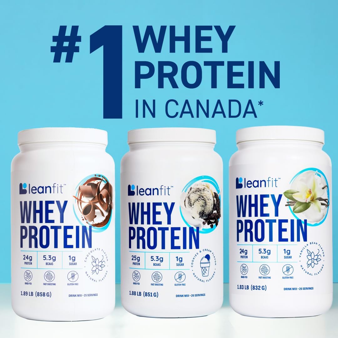 LeanFit Whey Protein Powder Cookies & Cream Flavor - Grass-Fed, Gluten-Free, 25g Protein Per Serving, BCAAs, Amino Acids - 1.88 lb Tub, 26 Servings