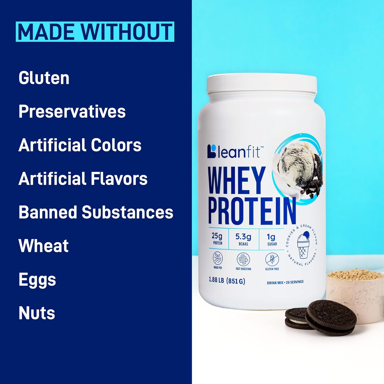 LeanFit Whey Protein Powder Cookies & Cream Flavor - Grass-Fed, Gluten-Free, 25g Protein Per Serving, BCAAs, Amino Acids - 1.88 lb Tub, 26 Servings