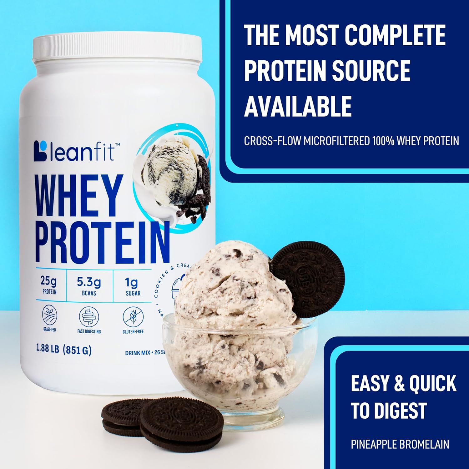 LeanFit Whey Protein Powder Cookies & Cream Flavor - Grass-Fed, Gluten-Free, 25g Protein Per Serving, BCAAs, Amino Acids - 1.88 lb Tub, 26 Servings
