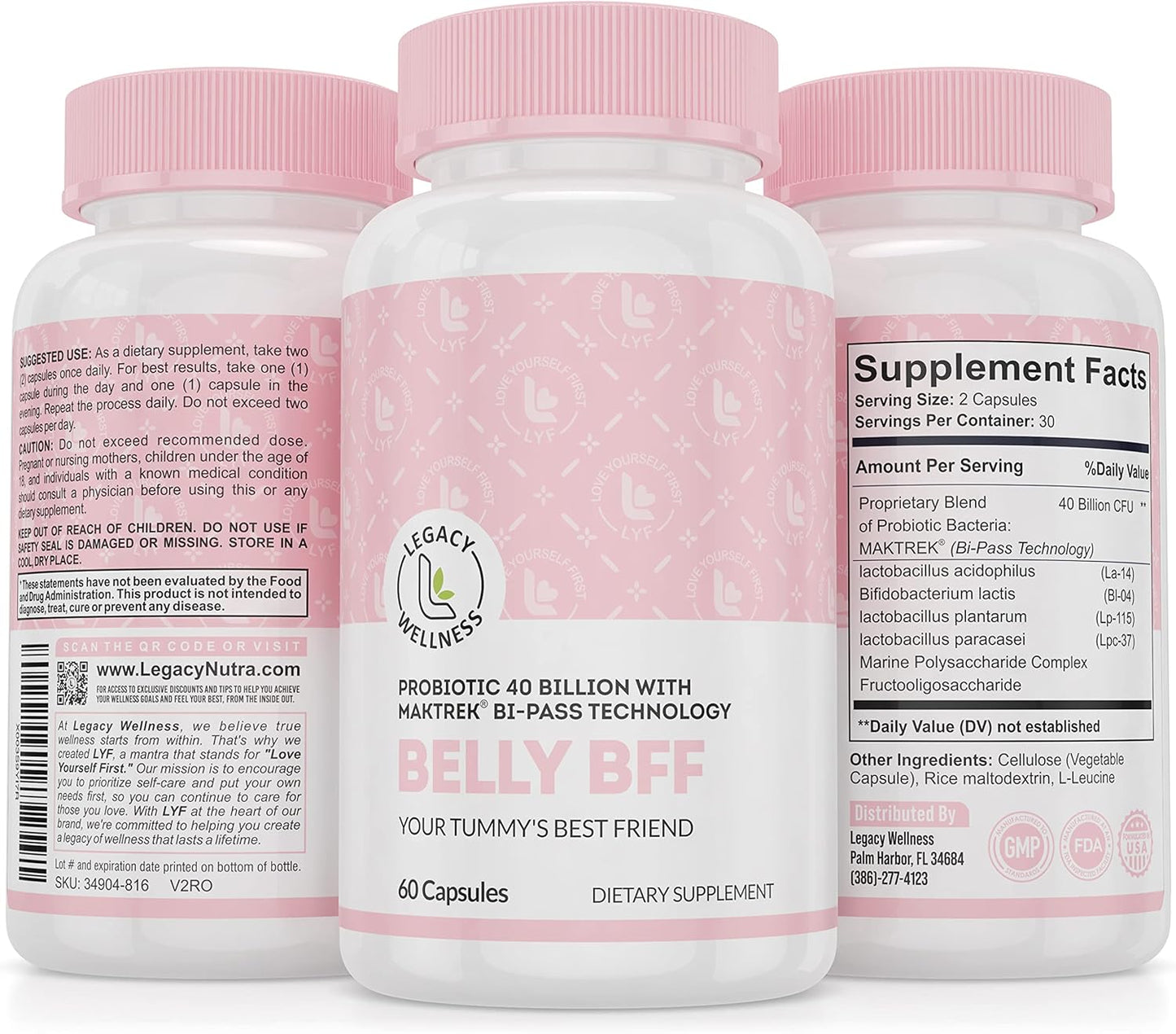 LegacyNutra Belly BFF Probiotic Supplement - 40 Billion CFU Daily Gut Health Support - Astragalus & Lactobacillus Acidophilus Probiotics - 60 Vegan Capsules