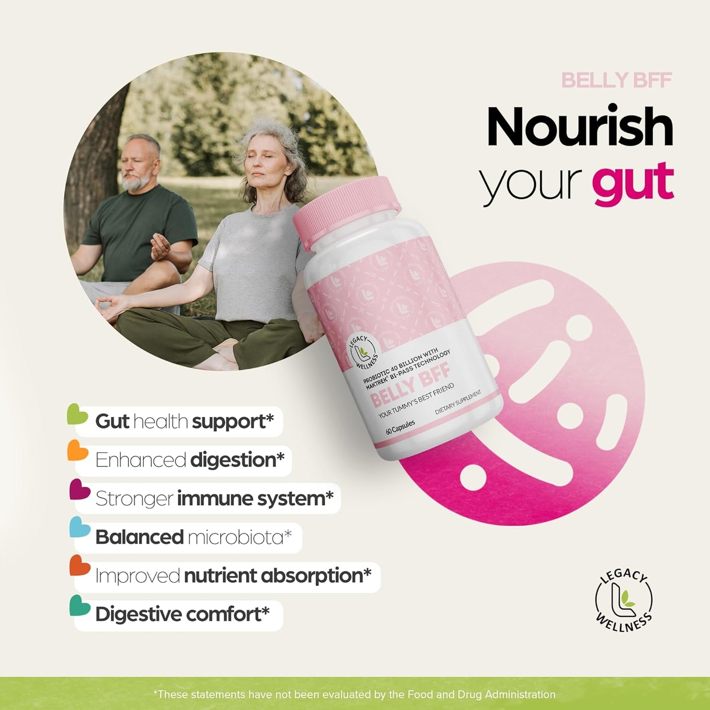LegacyNutra Belly BFF Probiotic Supplement - 40 Billion CFU Daily Gut Health Support - Astragalus & Lactobacillus Acidophilus Probiotics - 60 Vegan Capsules