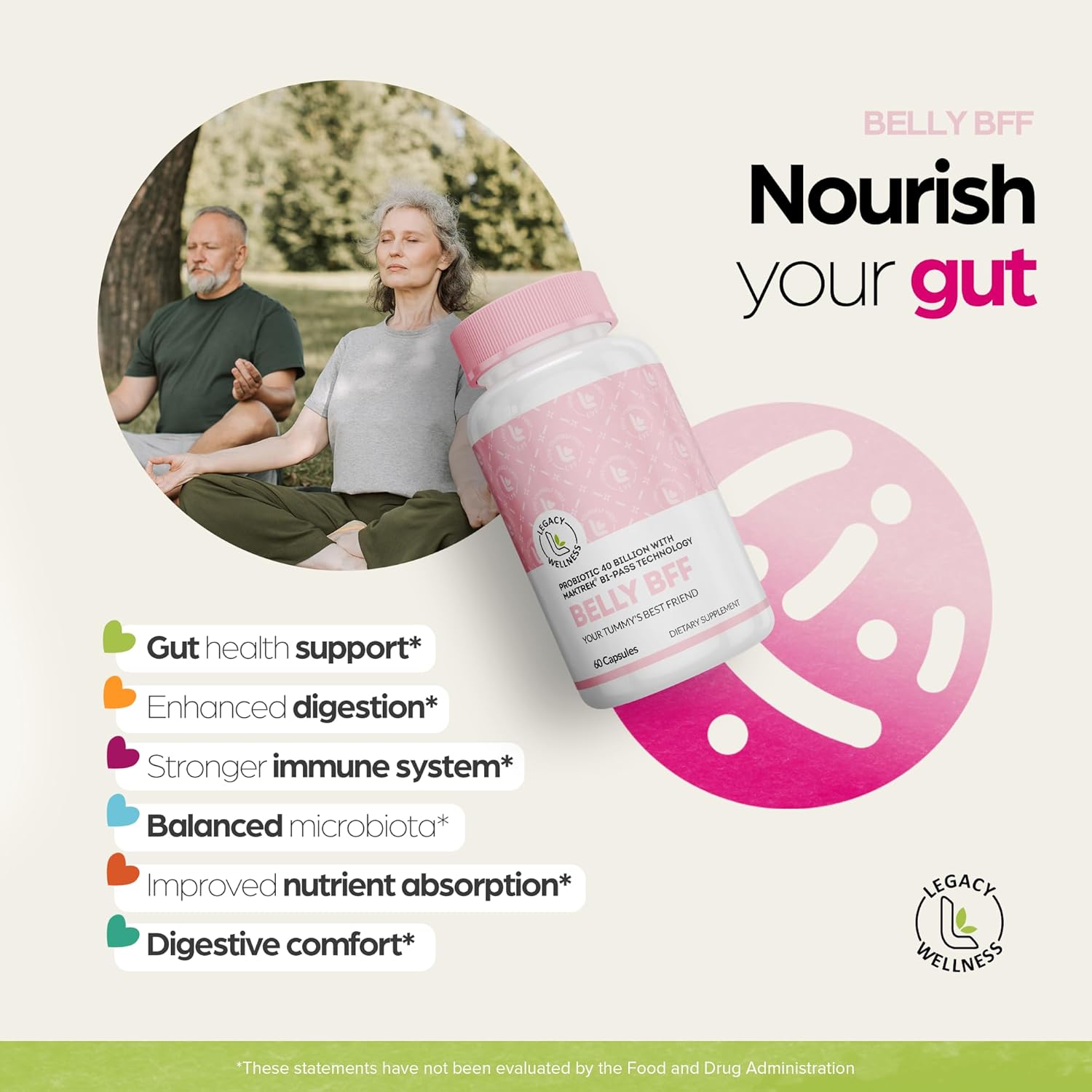 LegacyNutra Belly BFF Probiotic Supplement - 40 Billion CFU Daily Gut Health Support - Astragalus & Lactobacillus Acidophilus Probiotics - 60 Vegan Capsules