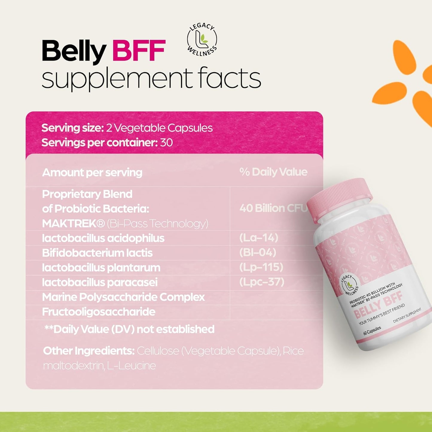 LegacyNutra Belly BFF Probiotic Supplement - 40 Billion CFU Daily Gut Health Support - Astragalus & Lactobacillus Acidophilus Probiotics - 60 Vegan Capsules