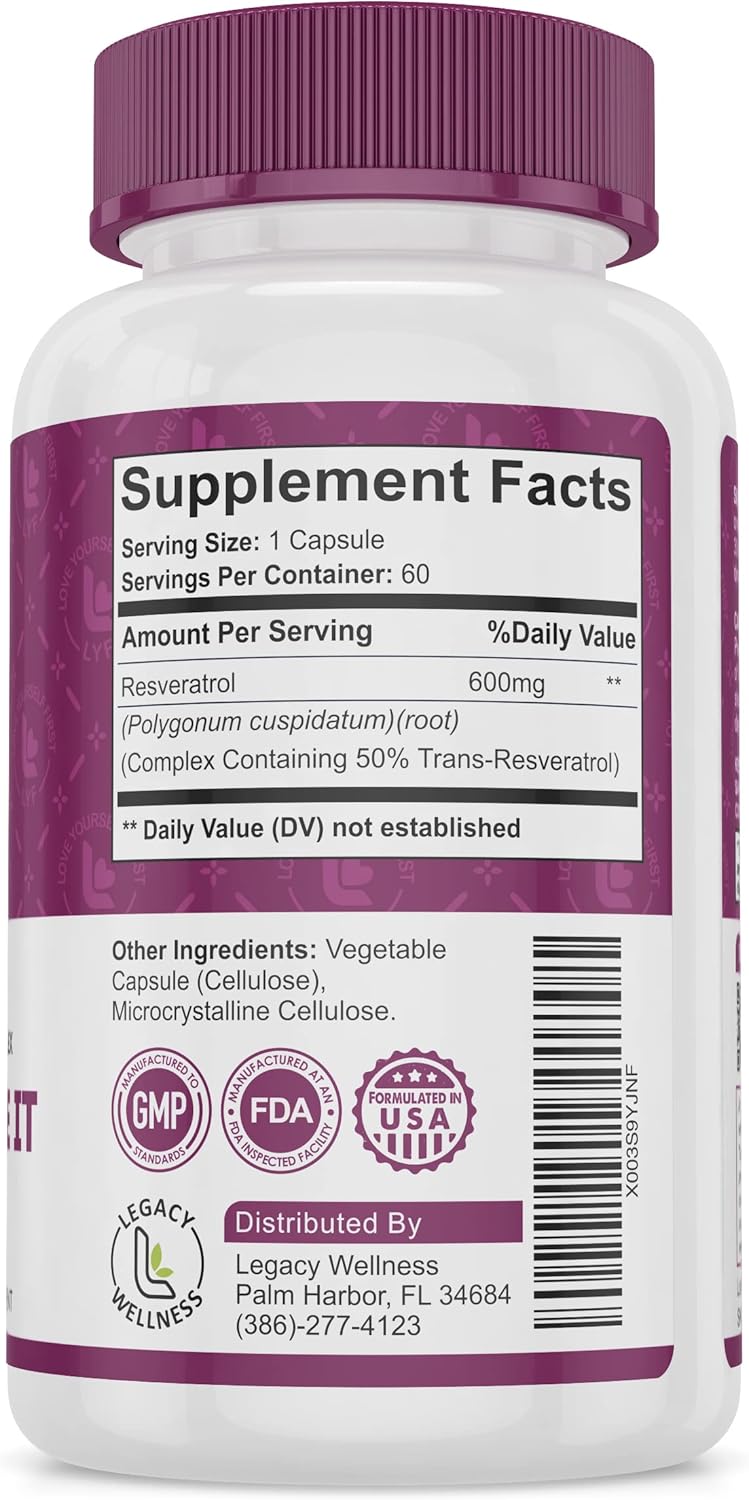 LegacyNutra GRIN & Grape IT Resveratrol Supplement - Supports Healthy Aging, Skin, Immune, Digestive & Cardiovascular Systems - 600mg Trans-resveratrol Capsules