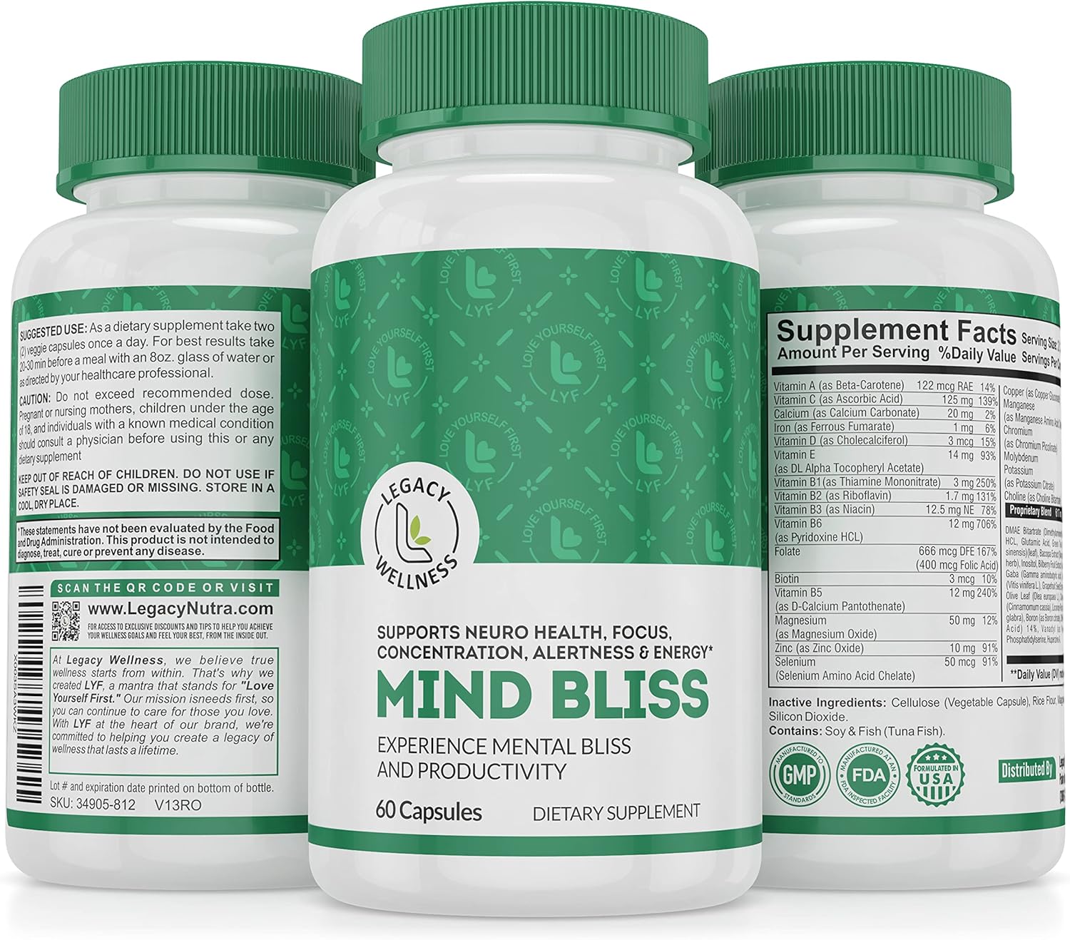 LegacyNutra Mind Bliss Brain Supplement: 40-Ingredient Nootropic Boost with DMAE - Memory, Focus, Clarity & Energy - 60 Pills