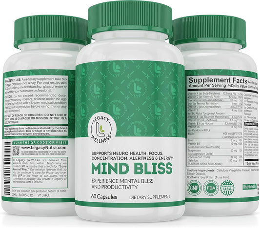 LegacyNutra Mind Bliss Brain Supplement: 40-Ingredient Nootropic Boost with DMAE - Memory, Focus, Clarity & Energy - 60 Pills