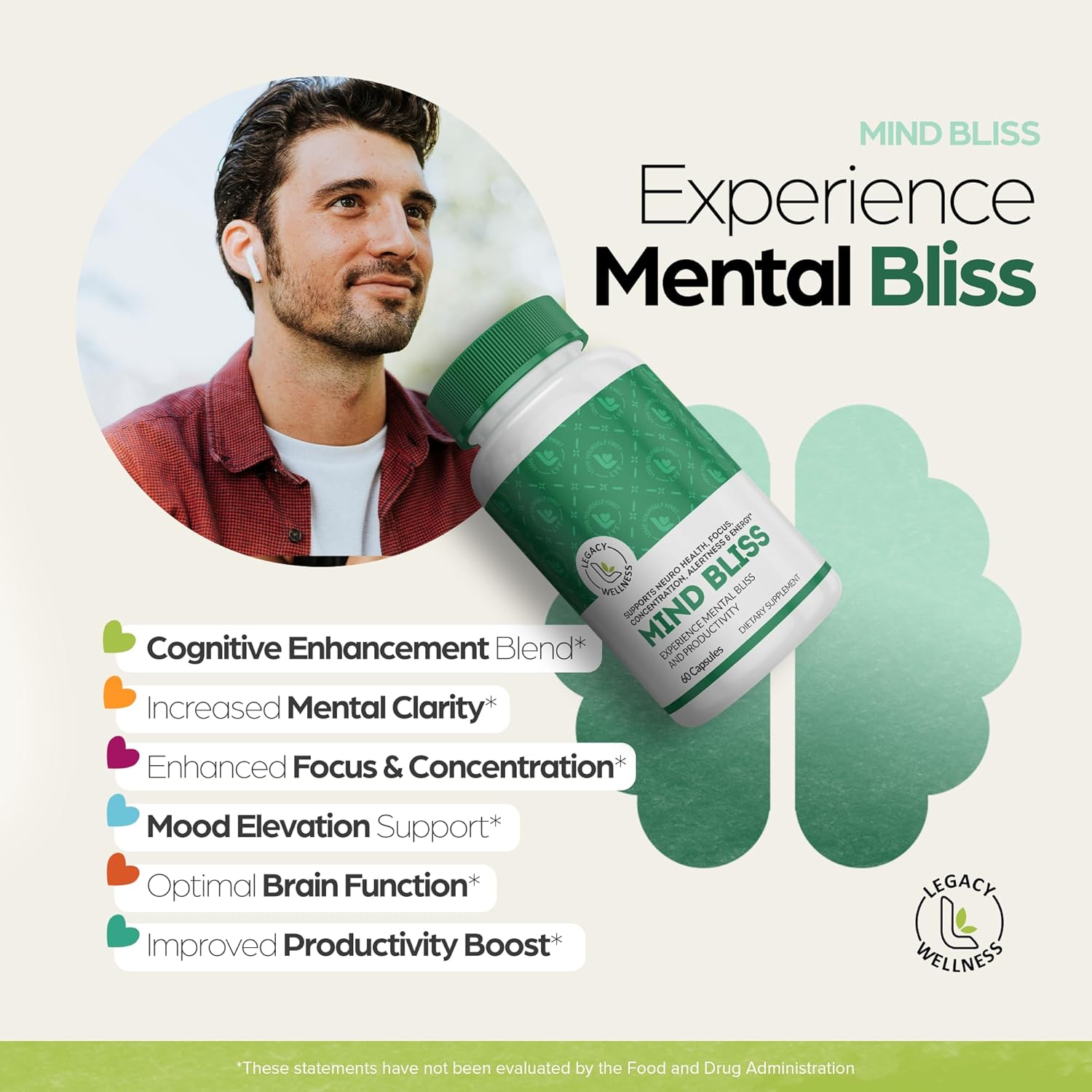 LegacyNutra Mind Bliss Brain Supplement: 40-Ingredient Nootropic Boost with DMAE - Memory, Focus, Clarity & Energy - 60 Pills