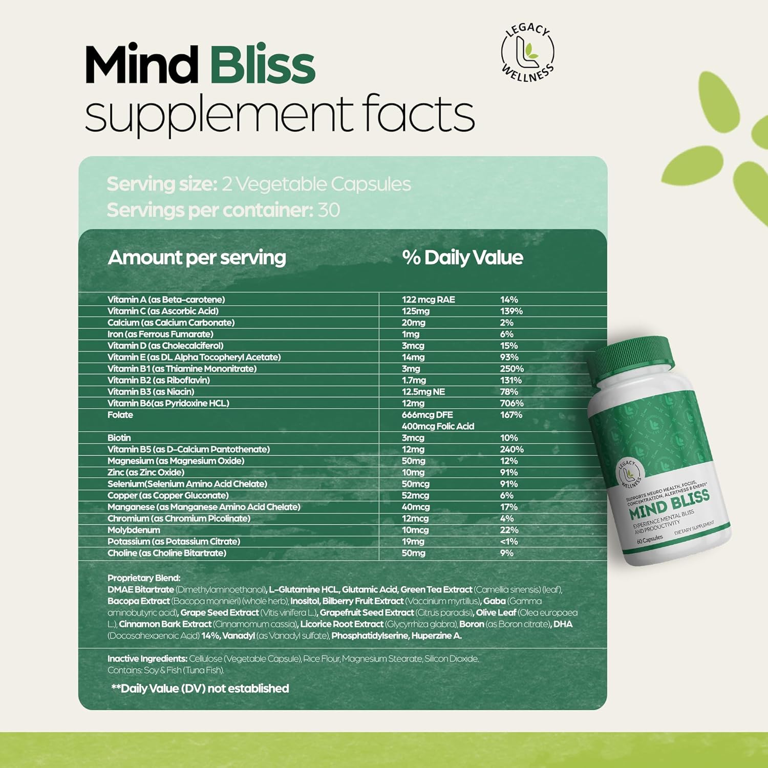 LegacyNutra Mind Bliss Brain Supplement: 40-Ingredient Nootropic Boost with DMAE - Memory, Focus, Clarity & Energy - 60 Pills