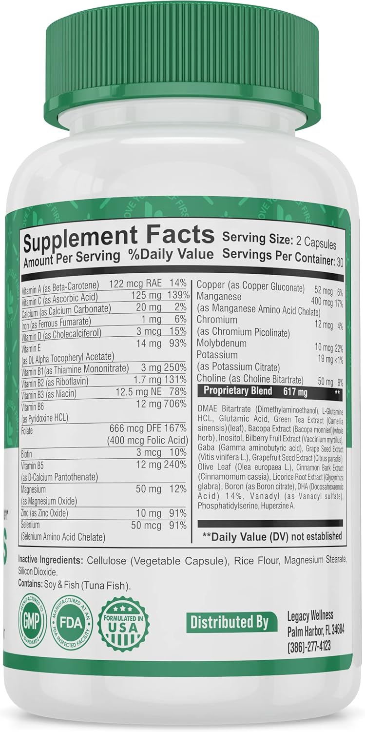 LegacyNutra Mind Bliss Brain Supplement: 40-Ingredient Nootropic Boost with DMAE - Memory, Focus, Clarity & Energy - 60 Pills