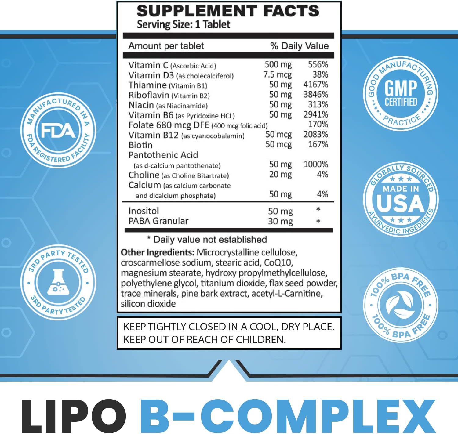 Legere Pharmaceuticals Lipo B-Complex Tablets for Energy & Wellness - Natural Lipotropic Supplement with Dietary Nutrients (120 Tablets)