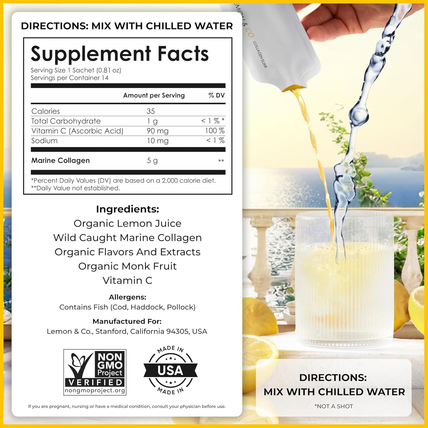 Lemon & Co. Collagen Water with Marine Collagen, Vitamin C, and Organic Lemons - Sugar-Free and Non-GMO - 14 Packets for Hair, Skin, and Nails