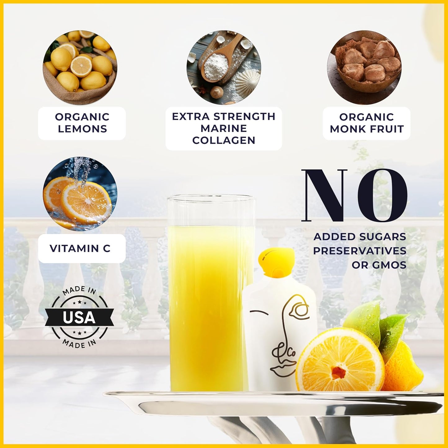 Lemon & Co. Collagen Water with Marine Collagen, Vitamin C, and Organic Lemons - Sugar-Free and Non-GMO - 14 Packets for Hair, Skin, and Nails