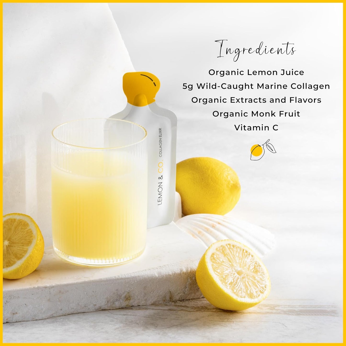 Lemon & Co. Collagen Water with Marine Collagen, Vitamin C, and Organic Lemons - Sugar-Free and Non-GMO - 14 Packets for Hair, Skin, and Nails