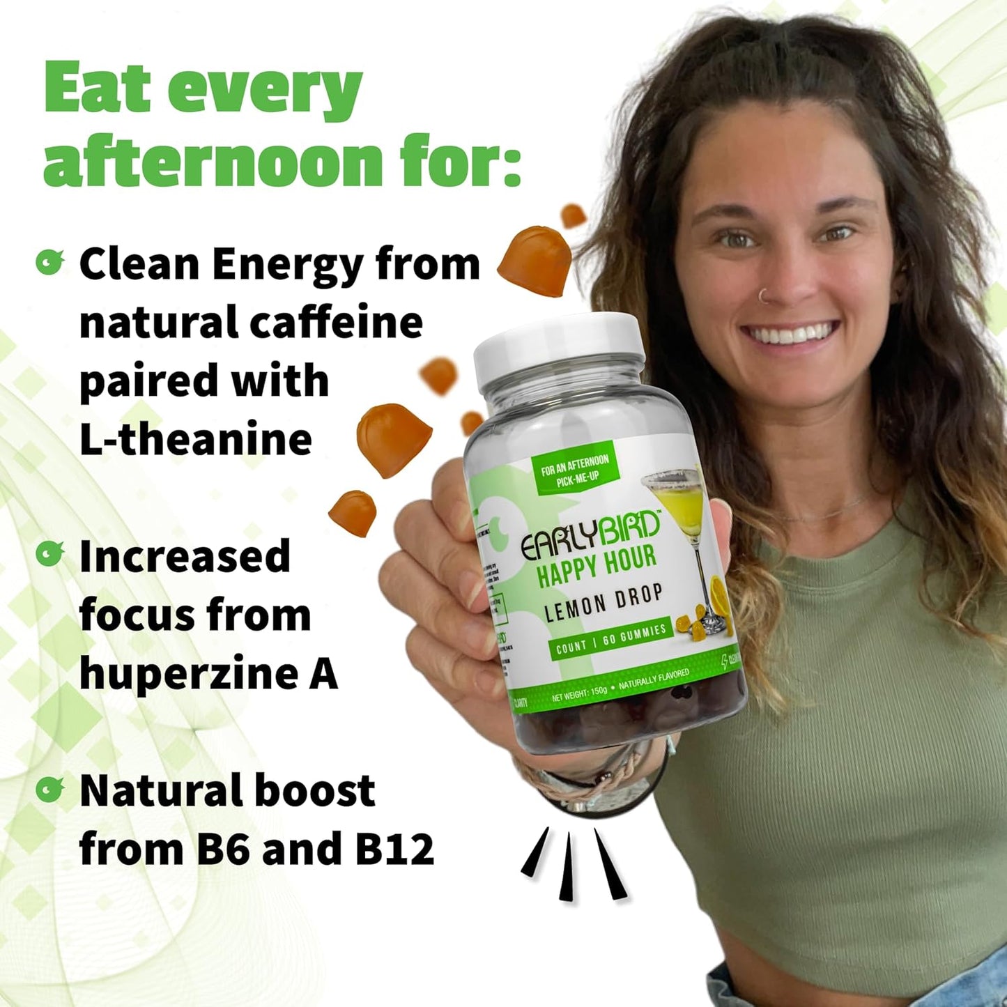 Lemon Drop Energy Gummies - Natural Caffeine and L-theanine for Focus - Vitamin B6 and B12 Boost - Huperzine A for Increased Energy