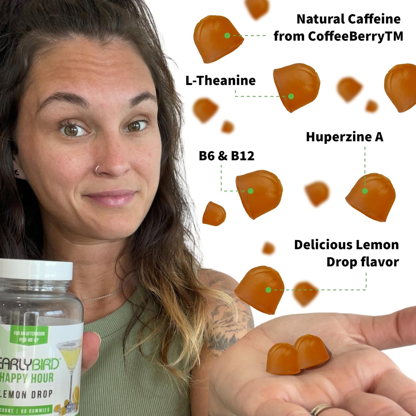 Lemon Drop Energy Gummies - Natural Caffeine and L-theanine for Focus - Vitamin B6 and B12 Boost - Huperzine A for Increased Energy