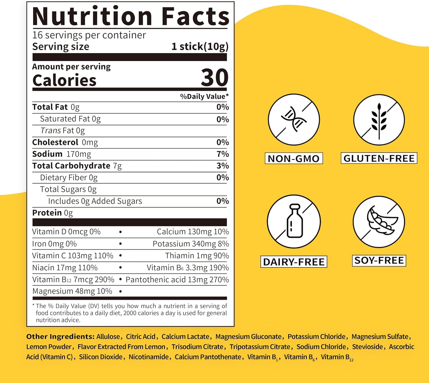 Lemon Electrolyte Drink Mix with Zero Sugar - Hydration Powder Packets with 10 Electrolytes, Vitamins - Non-GMO, Gluten Free, Vegan - 16 Servings