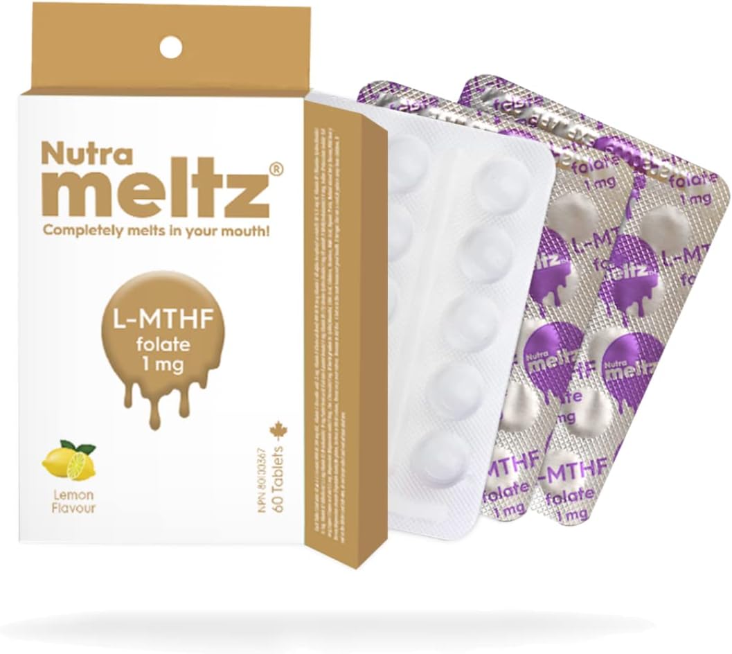 Lemon Flavored Nutra Meltz L-MTHF Folate 1mg Tablets - Mood Enhancement, Immune Support, Heart Health - 60 Quick Dissolving Tablets