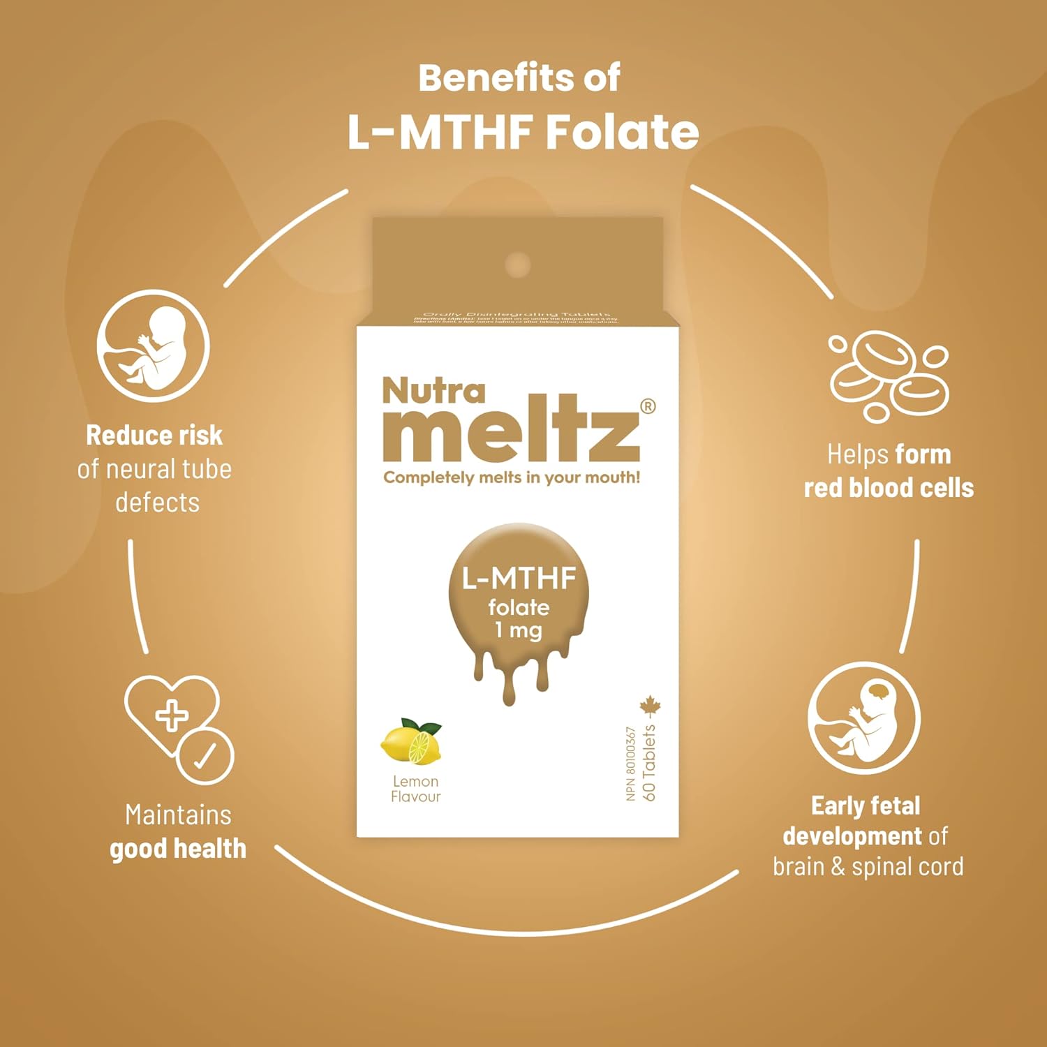 Lemon Flavored Nutra Meltz L-MTHF Folate 1mg Tablets - Mood Enhancement, Immune Support, Heart Health - 60 Quick Dissolving Tablets