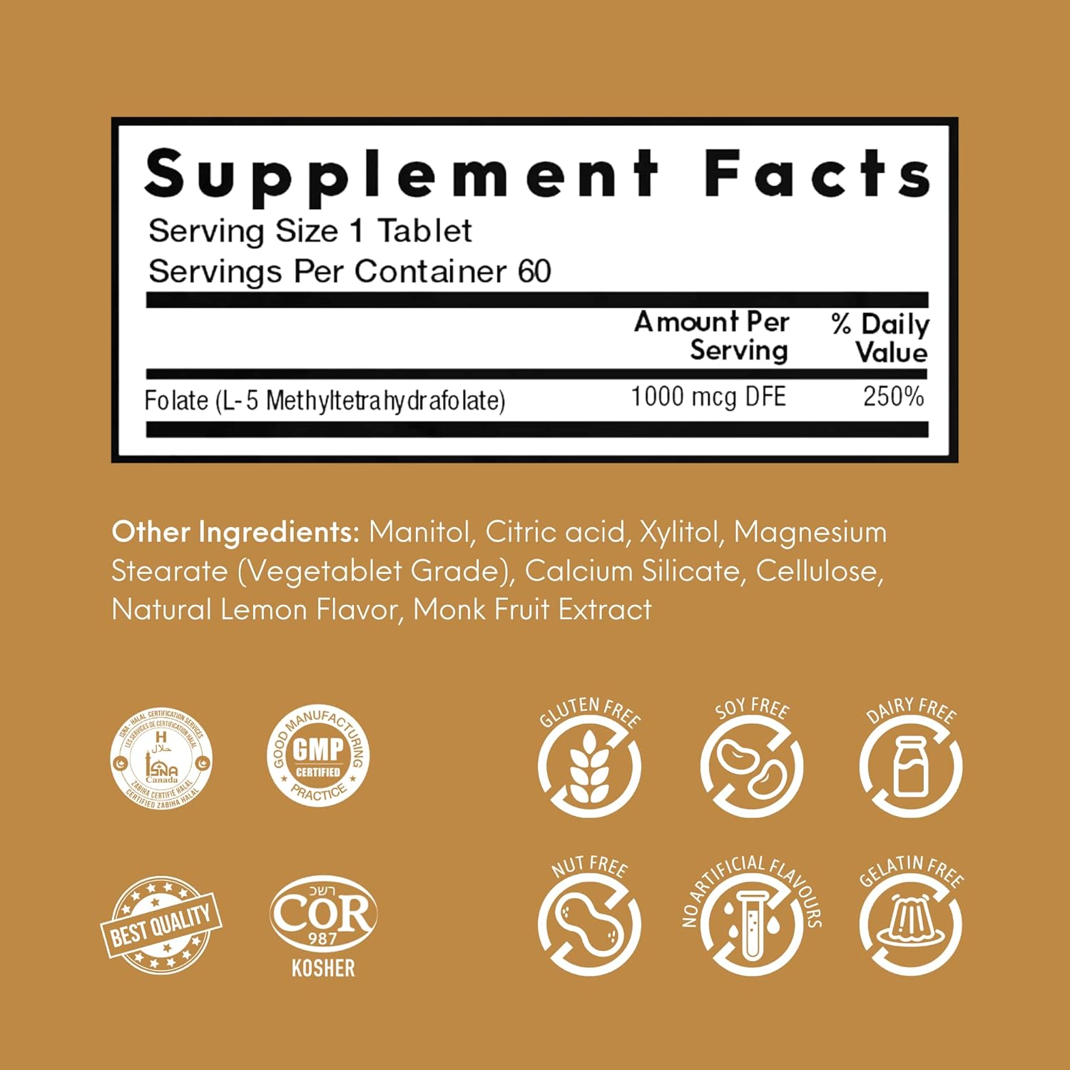 Lemon Flavored Nutra Meltz L-MTHF Folate 1mg Tablets - Mood Enhancement, Immune Support, Heart Health - 60 Quick Dissolving Tablets