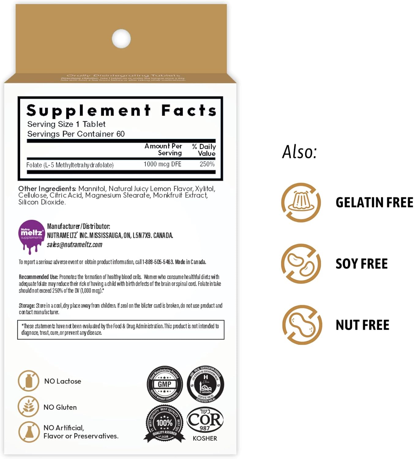 Lemon Flavored Nutra Meltz L-MTHF Folate 1mg Tablets - Mood Enhancement, Immune Support, Heart Health - 60 Quick Dissolving Tablets